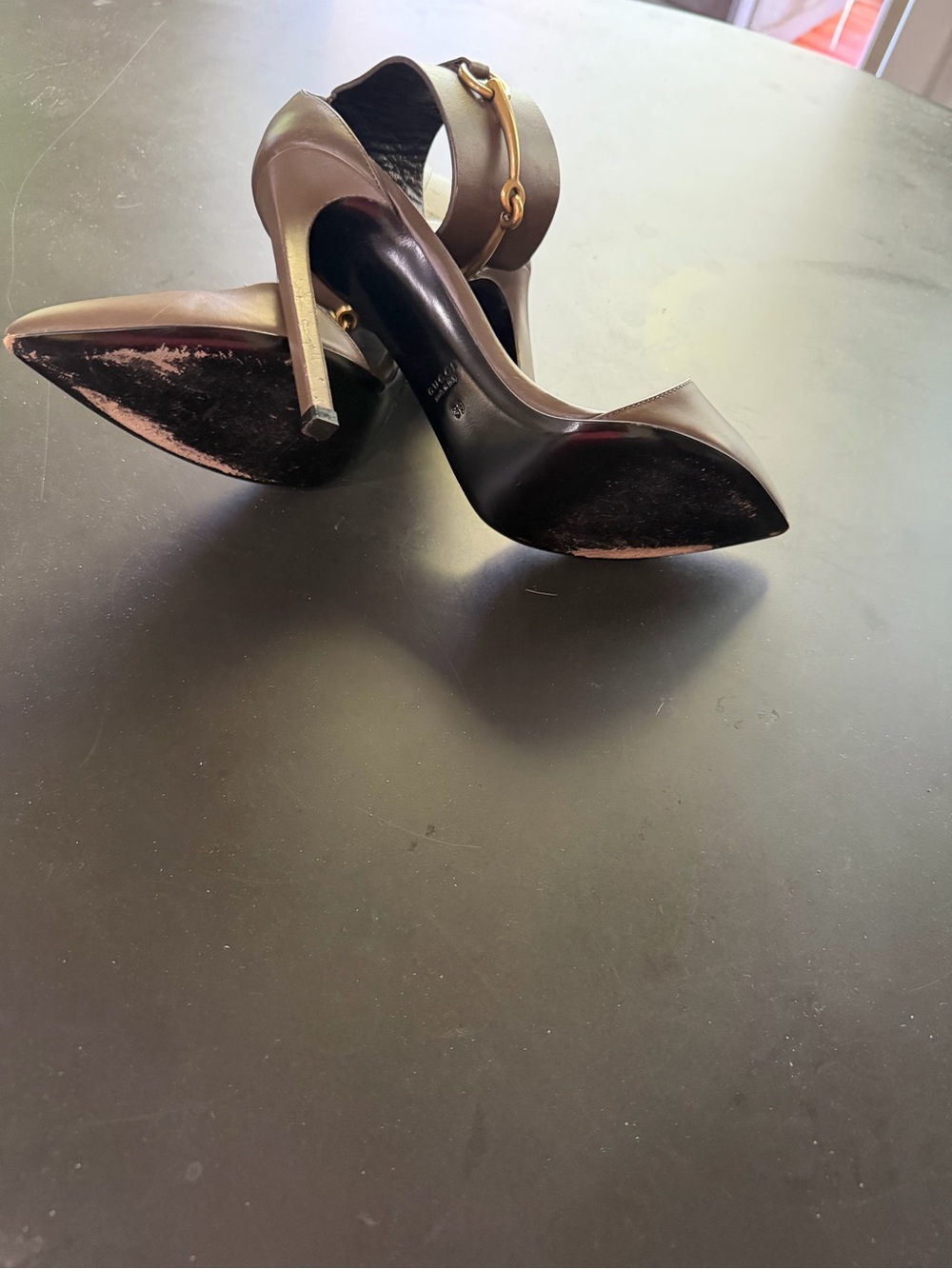 Gucci Taupe Leather Pointed Toe Ankle-Strap Stiletto Heels - Picture 6 of 11